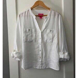 Isaac Mizrahi Women L White 100% Linen Shirt Boho Coastal Roll Tab Pocket Top